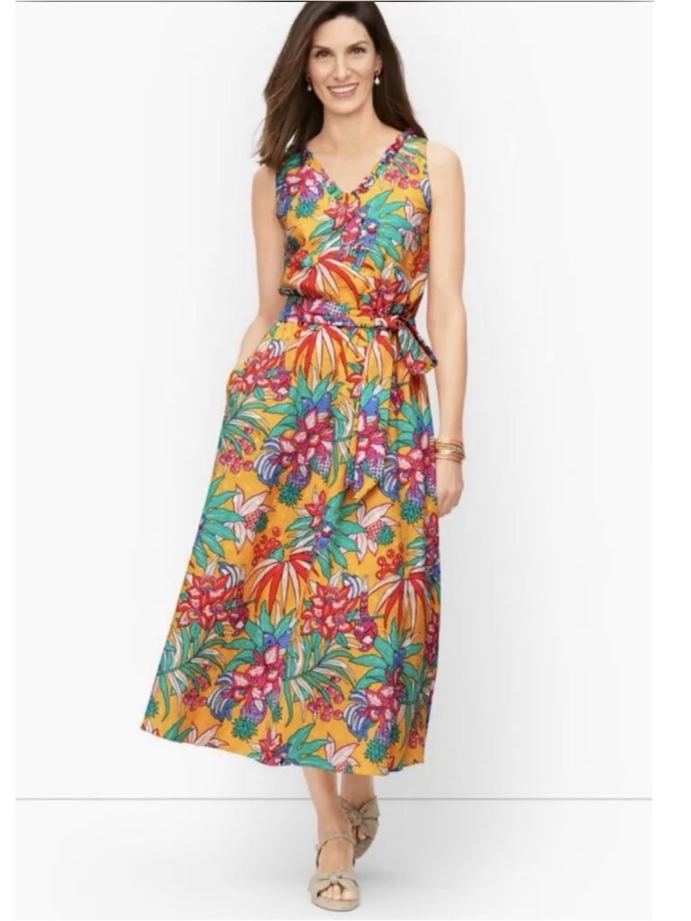 Talbots Yellow Tropical Floral Midi Dress